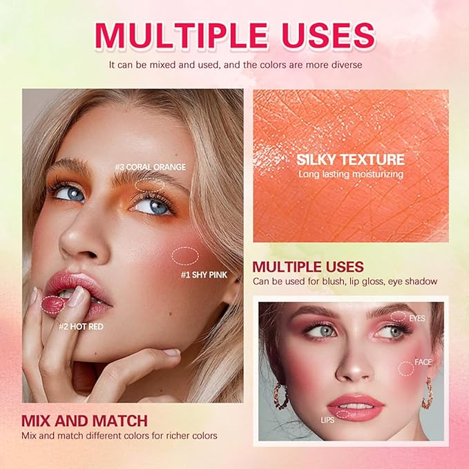 Multi-Use Makeup Blush Stick, Tinted Solid Moisturizer On-the-Go Blush, Multi-use Cream Blush Stick for Cheek & Eyes & Lips, Waterproof Natural Nude Makeup for All Skin (3# Coral Orange)-VivaGrace Women