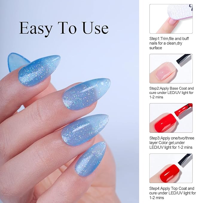 Imtiti Translucent Light Glitter Gel Nail Polish, UV LED Soak Off Sparkle Sky Blue Shimmer Gel Polish