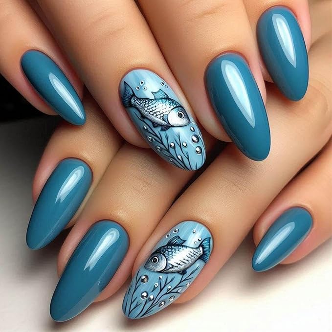 Blue Press on Nails Ocean Medium Almond Fake Nails with Design Fish Glue on Nails Glossy Summer Nails Press on,Reusable False Nails for Women Girls Manicure 24pcs