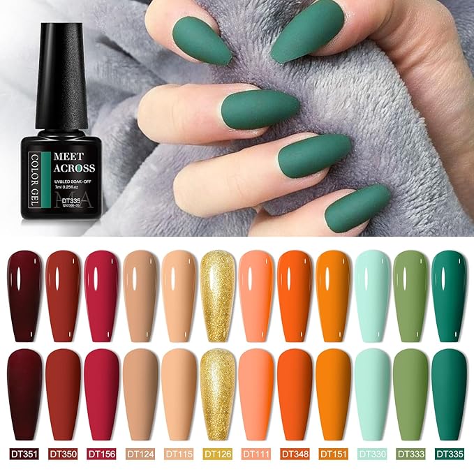 MEET ACROSS 12pcs Gel Nail Polish Set,Soak Off UV LED Lamp Gel Nail Polish Kit,Fashion Shimmer Nail Art Design Gifts for Women Manicure Salon (autumn scenery)