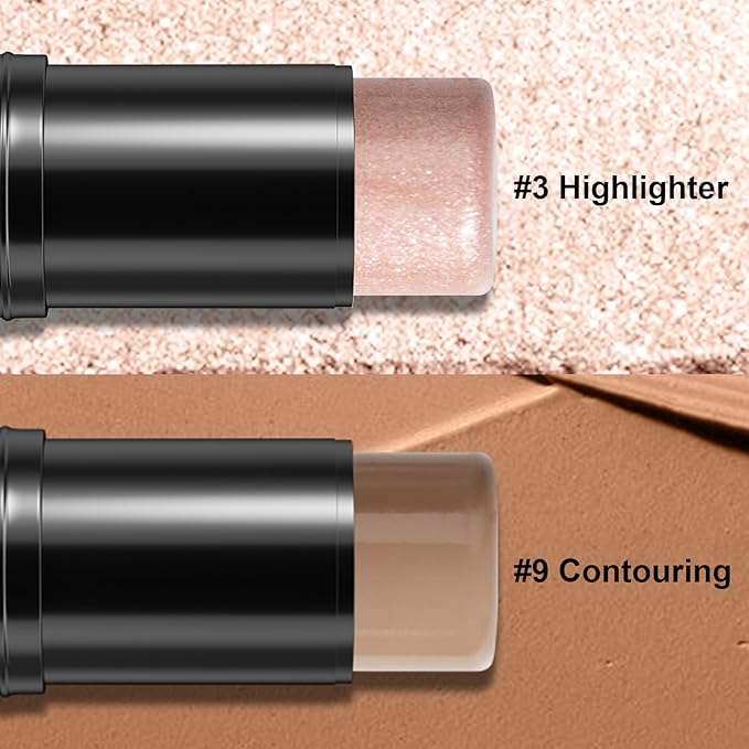 2Pcs Cream Contour Stick Makeup Kit, Cream Highlighter Stick and Bronzer Contour Stick with Longwear Waterproof Formula for Brightening and Trimming the Cheeks, Makeup Brush Include (#03, 09)-VivaGrace Women