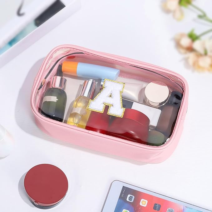 YOOLIFE Initial Travel Makeup Bag Pouch, Clear Toiletry Bag for Women Travel Accessories Cosmetic Bag Skin Care for Teen Make Up Bags Birthday Gifts for Women Unique Teacher Mom Friends Gifts Pink R-VivaGrace Women