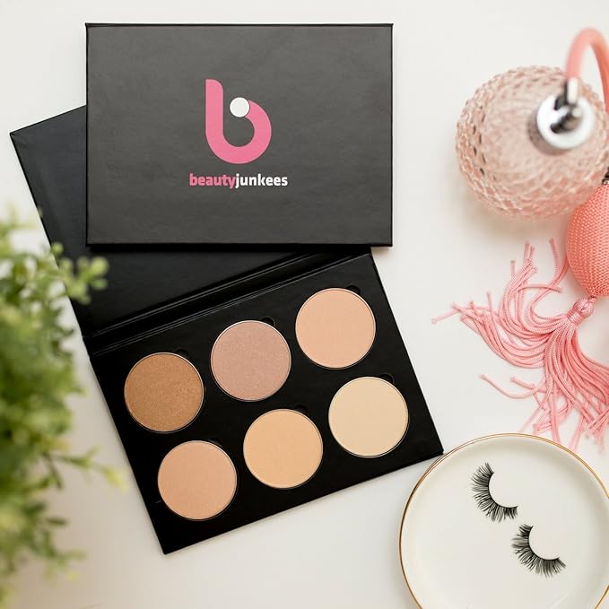 Makeup Highlighter Palette – Beauty Junkees Powder Highlighter Makeup Palette 6 Shades Glow Kit, Face Highlight Make Up Set for Beginners, Professional Quality, Paraben Gluten Cruelty Free Cosmetics-VivaGrace Women