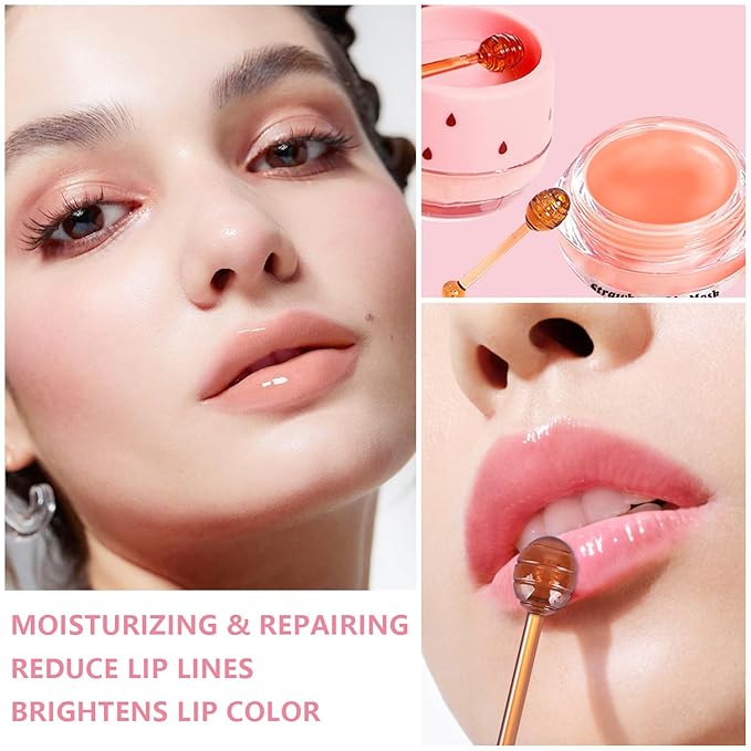 3 PCS Bee Lip Balm Honey Pot, Strawberry & Apple Lime & Coconut Lip Mask Overnight Propolis Moisturizing Lip Balm Hydrating Prevention Dry and Crack Lip Scrubs Exfoliator Lip Wrinkle Care (Set D)-VivaGrace Women