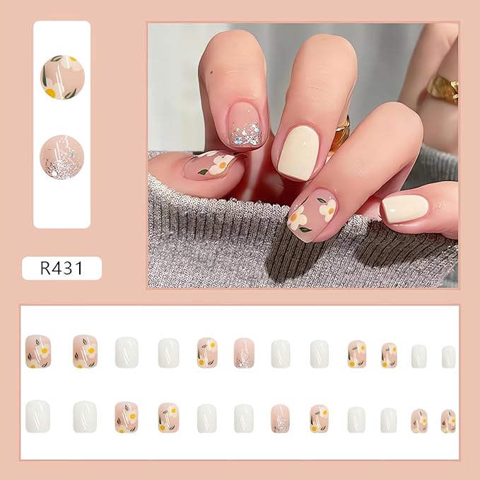 Flower Press on Nails Short Square Fake Nails Milk White Stick on Nails Full Cover Small Flowers False Nail Tips Acrylic Spring Glue on Nails Cute Floral Nail Art Decorations for Women 24Pcs