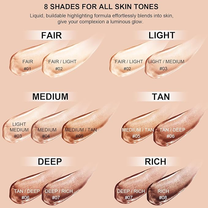 Natural Glow Liquid Filter Makeup, Longwear Face Luminizer, Complexion Booster For Any Part of the Body, Liquid Highlighter with Brush Kit, Infused Hyaluronic Acid, 1.06 fl oz (#01 FAIR)-VivaGrace Women