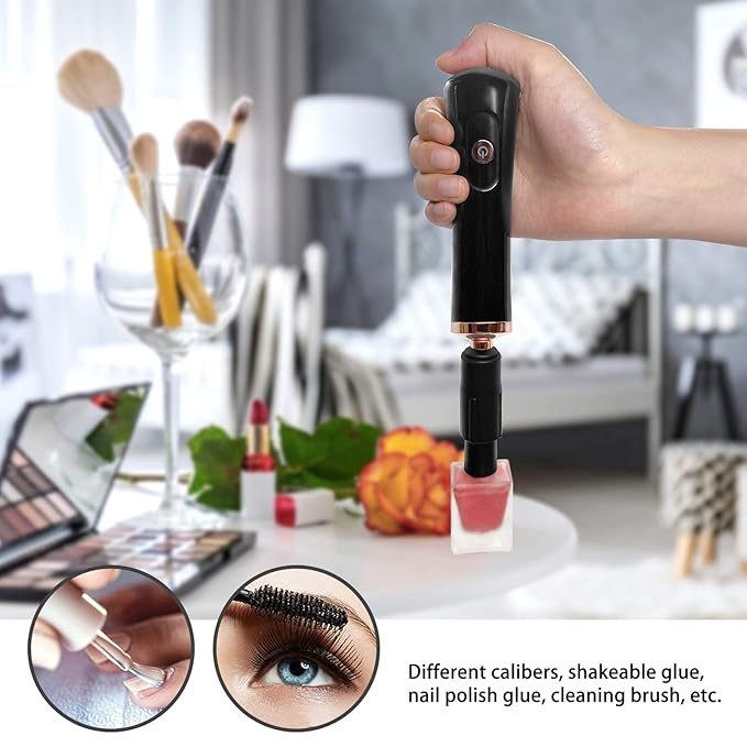 Nail Lacquer Shaker, Nail Polish Mixer, Portable Electric Eyelash Glue Shaker with 2 Connectors and 8 Sizes of Caliber Liquid Evenly Mixer for Eyelash Extension Lash Glue Ink (Black)