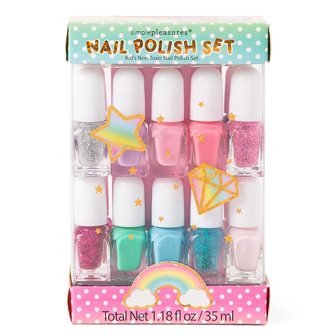 SIMPLE PLEASURES 14- Unicorn Glitter Kids Nail Polish Set for Girls – 14 Water-Based Non -Toxic Nail Art Kit - Gift Set for Girls Ages 7-12