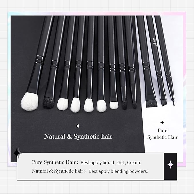 Jessup Eyeshadow Brush Set 12pcs Black Eye Makeup Brushes Set Professional with Natural Synthetic Hair for Eyebrow Eyelash Eyeliner Spoolie Blending, T322-VivaGrace Women