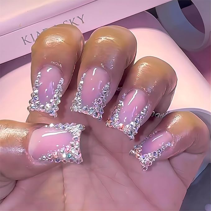 Short Press on Nails Square Nails with Rhinestone Design French Tips Cute Nails Press on Fake Nails for Girls(Pink & Silver)