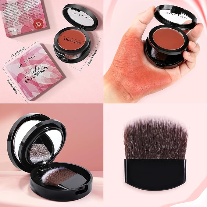DE'LANCI Flushed Blusher, Glow Finish Korean Blush Natural Looking, Face Cream Blush with Brush Mirror, Long Last Lightweight Blushing for Cheek and Lip Tint,Waterproof Breathable,Tacl Free (RUST 04#)-VivaGrace Women