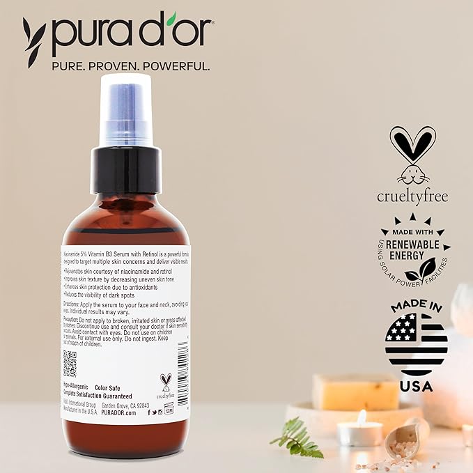 PURA D'OR 3.3 Oz B3 Niacinamide Advanced Facial Serum - Skin Care Formula with Retinol For Wrinkles, Hydration & Radiant Complexion - All Skin Types, Hypoallergenic - Women & Men-VivaGrace Women
