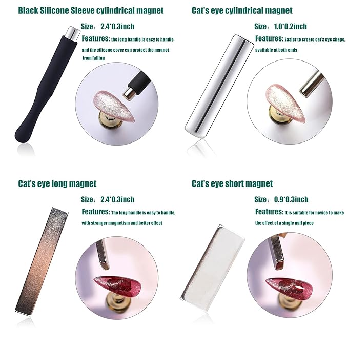 JERCLITY 7 Pieces Cat Eye Magnet for Nails Double-Head Nail Magnetic Stick Multi-Function Magnet Board Square Thickened Cat Eye Strong Magnet Plate Nail Magnet Tool Set for Cat Eye Gel Polish Nail Art