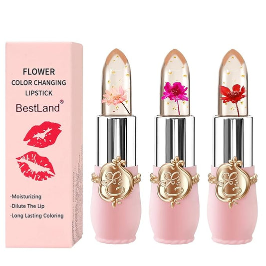 3 Pcs/Set Flower Jelly Lipstick Set Temperature Change Moisturizer Long Lasting Nutritious Balm Magic Color Change Lip Gloss (3Pcs Flower Jelly Lipstick 010203)-VivaGrace Women