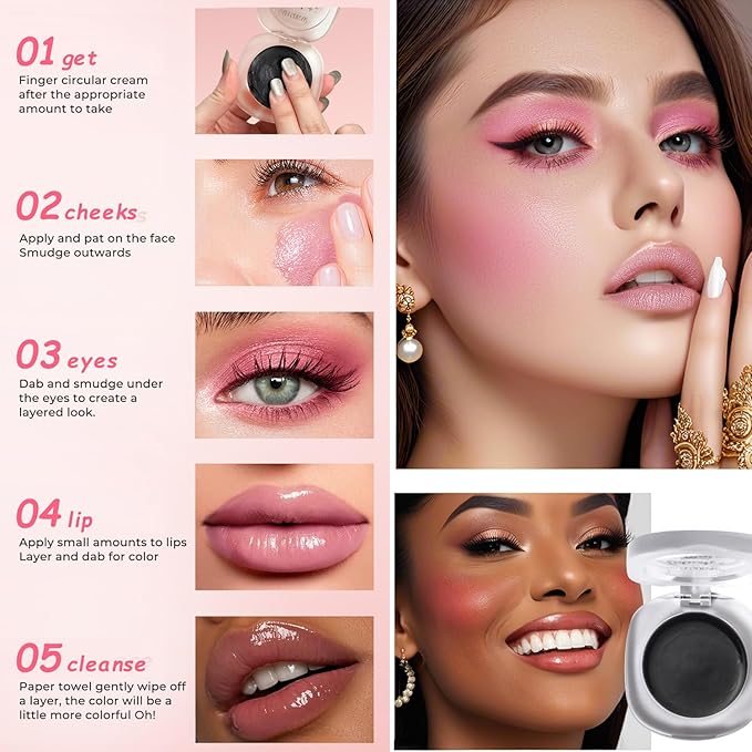 Cream Blush Makeup, Natural Pink/Black Glossy Face Blusher, Color Changing Cream Blush for Cheek and Lip Tint, Blendable Formula, Matte and Dewy Finish Lightweight Blush Makeup (Pink Glitter, One)-VivaGrace Women