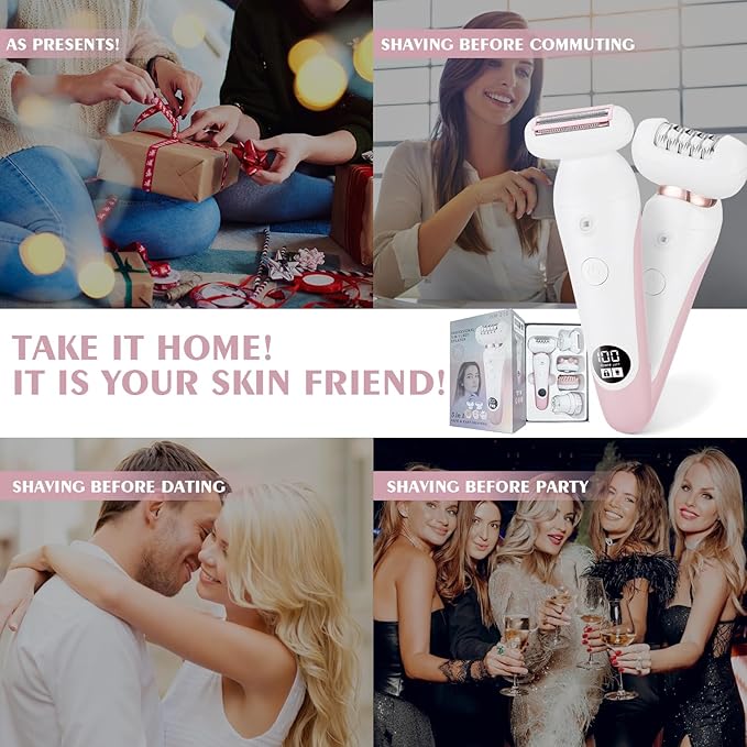 5 in 1 Electric Shaver for Women,Epilators Hair Removal for Women's Body, Electric Razor for Women Legs Public Area Bikini Trimmer, Face Scrubber, Facial Cleaning Brush Dry Wet Gift Set (Pink)-VivaGrace Women