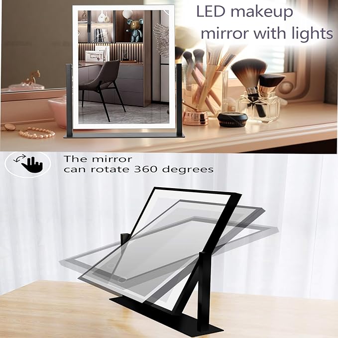 Makeup Mirror with Lights 12" White,Smart Touch Control,3-Color Dimmable LED Vanity Mirror with Lighted Cosmetic Mirror for Dressing Room & Bedroom Desktop,360° Rotation,Adjustable Brightness