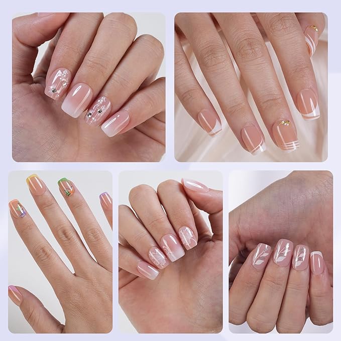 6 Packs (144 Pcs) Short Press on Nails Square, Plauva French Tip Matte Fake Nails, Flower Stick On Nails, Reusable Full Cover Press on Nails for Women and Girls