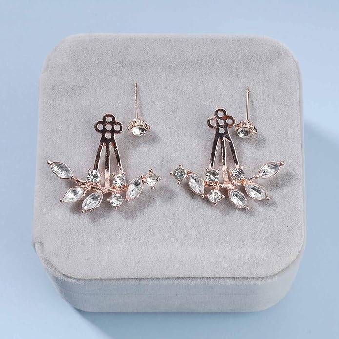 Boho Crystal Leaf Ear Jackets Earrings Gold Cz Crystal Earrings Rhinestone Front Back Studs Earrings Minimalist Earrings Jewelry for Women and Girls Gifts-VivaGrace Women