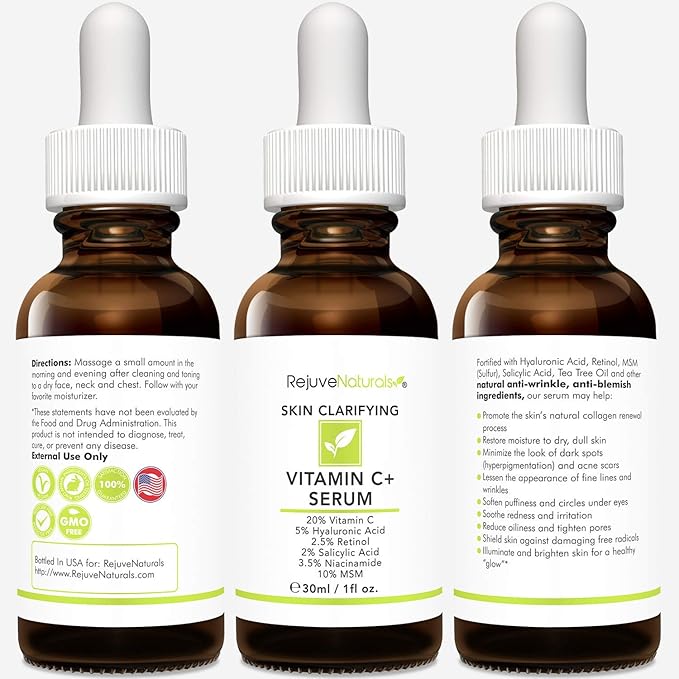 Vitamin C Serum Plus 5% Hyaluronic Acid, 2.5% Retinol, 2% Salicylic Acid, 3.5% Niacinamide, 10% MSM, 20% Vitamin C - Anti Aging Anti Wrinkle Skin Clearing Serum Organic Skin Care for Face and Eyes 1oz-VivaGrace Women