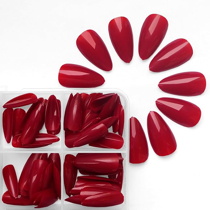 LoveOurHome 240pc Christmas Almond Press on Nails Medium Fake Nail Tips Burgundy Acrylic Nails Press ons Nail Almond Glue on Nail Short Stiletto Fingernail & Glue Adhesive Tabs for Women Girls Kids