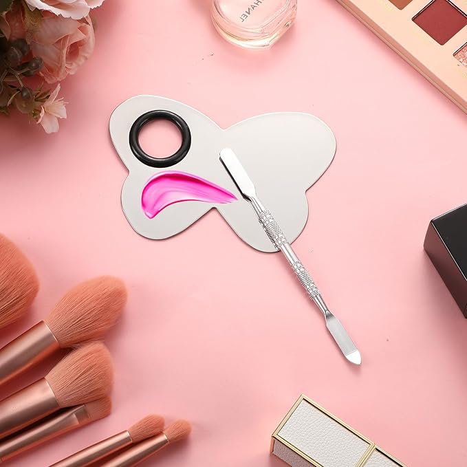 2 Pcs Stainless Makeup Mixing Palette,Tool for Mixing Foundation Nail-Art,Palette with A Stick,Storage Bag,Beauty Salon Color Cream Mixing Palette,Makeup Artist,Makeup Enthusiast (Butterfly Shaped)-VivaGrace Women