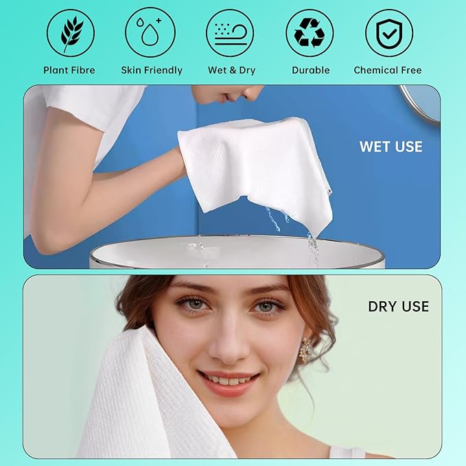 ONLYCARE Disposable Face Towel, Biodegradable Disposable Towels for Travel, 10" x 12" Thick Soft Facial Towels for Sensitive Skin, Makeup Remover Dry Wipes, 2 Travel Pack,30 Count
