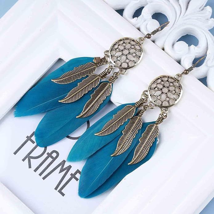 Boho Black Feather Dangle Earrings Long Feather Tassel Earrings Vintage Tribal Feather Earrings Gold Feather Drop Earrings Jewelry for Women-VivaGrace Women