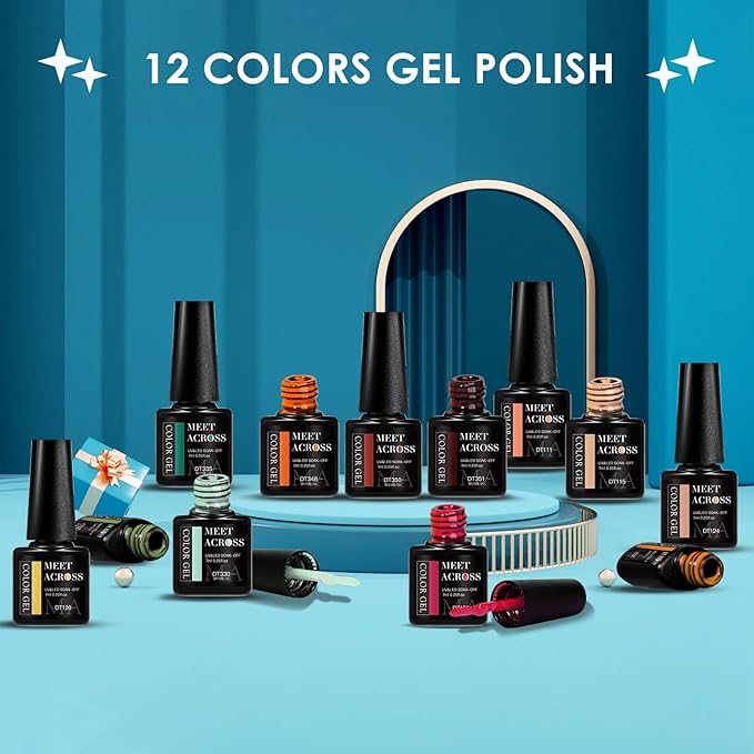 MEET ACROSS 12pcs Gel Nail Polish Set,Soak Off UV LED Lamp Gel Nail Polish Kit,Fashion Shimmer Nail Art Design Gifts for Women Manicure Salon (autumn scenery)