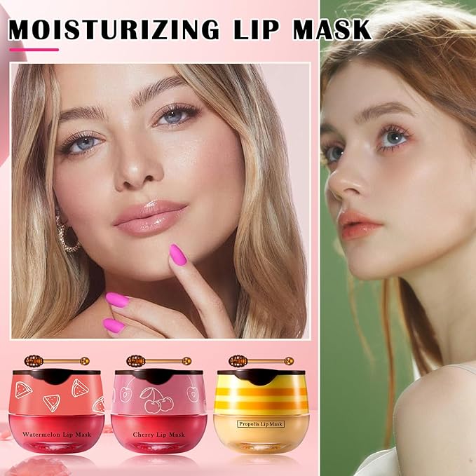 Honey Pot Lip Balm,3PCS Bee Lip Balm Honey Pot Cherry Watermelon Lip Scrub,Fade Lip Lines Prevention Dry and Cracked Lip Mask Overnight (Honey+Watermelon+Cherry)-VivaGrace Women