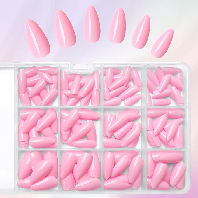 LoveOurHome 240pc Medium Almond Press on Nails Colored Pink Fake Nail Tips Full Cover Artificial Fingernail French Stiletto Manicure with Adhesive Tabs for Women Girls