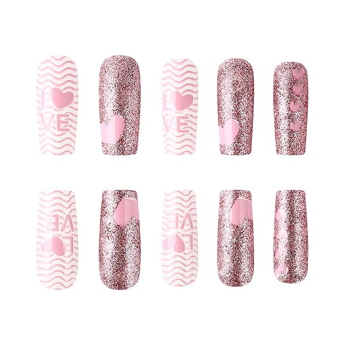 Valentine Press on Nails Medium Square Fake Nails Pink False Nails with Heart Designs Glitter Full Cover Glue on Nails Sparkly Artificial Nails Cute Stick on Nails for Women 24Pcs
