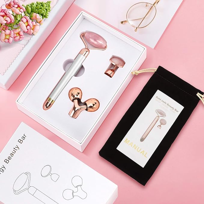 3-IN-1 Electric Jade Roller 3D Roller Facial Roller & Face Massager, Rose Quartz-VivaGrace Women