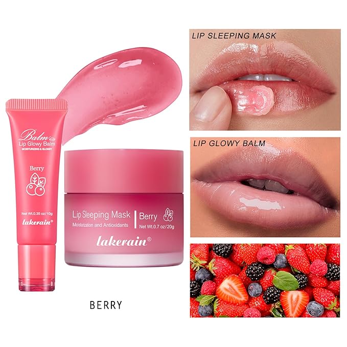 2Pcs Lip Glowy Balm and Lip Sleeping Mask Set, with 4 Flavor Options - Reduce Lip Lines, Enhance Lip Color, Hydrate & Plump Dry Chapped Lips Care (Berry)-VivaGrace Women