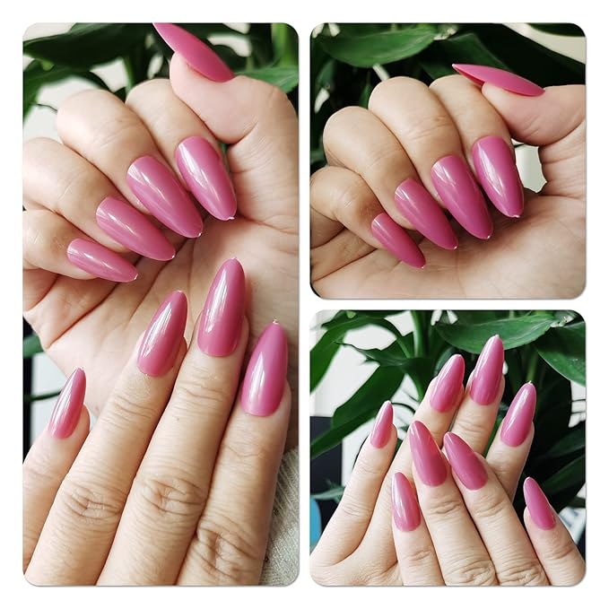 LoveOurHome 240pc Almond Press-on Medium Fake Nail Tips - Full Cover Lotus Pink Artificial Fingernails - Short Stiletto Nails - Press-ons with Glue & Adhesive Tabs