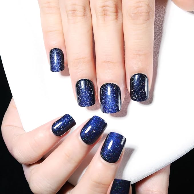 Dark Blue Press on Nails Short, Cat Eye Press on Nails Square, Fashion Gel Fake Nails, Reusable Acrylic Fake Nails, Glossy Stick on Nails for Women Girls Gift, Glue on Nails Kit, Starlit Abyss