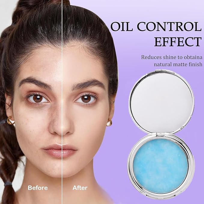Blue Matte Powder Oil Control Face Pressed Powder Jelly Pressed Powder Face Makeup Setting Powder, Chillab Polvo Compacto with Mini Powder Puff, for Silky Blurring Oil Control Long-Lasting Makeup-VivaGrace Women