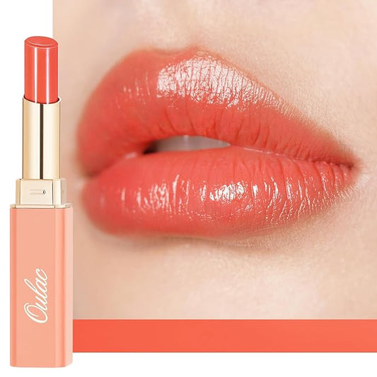 Oulac Moisturizing Shine Orange Red Lipstick for Women - 2 in 1 Orange Red Glossy Tinted Lip Balm, Hydrating Winter Lipstick for Dry Lips,Shine Juicy Finish Vegan 2.2g/0.07oz (12)-VivaGrace Women