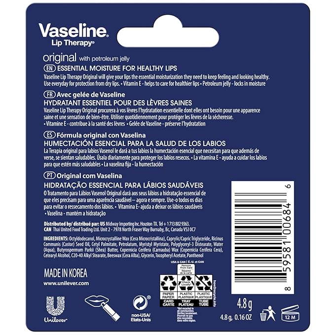 Vaseline Lip Therapy Original, Fast-Acting Lip Moisturizer For Very Dry Lips, Lip Balm Stick, 0.16 Oz Ea (Pack of 8)-VivaGrace Women