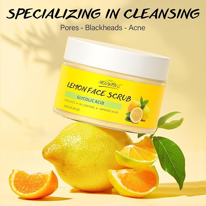 Lemon Face Scrub with Glycolic Acid Microdermabrasion Facial Scrub AHA Exfoliating for Women Men Safe Vegan Improves Acne Blackheads Soft Soothing without Irritation-VivaGrace Women
