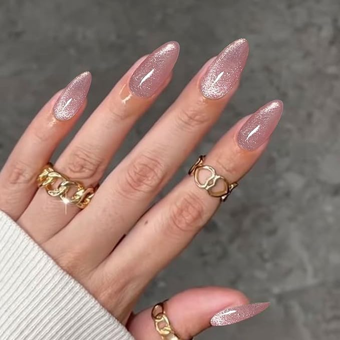 Nude Pink Press on Nails Medium Almond Fake Nails with Cat Eye Designs Glossy Stick on False Nails Acrylic Glitter Glue on Nails for Women