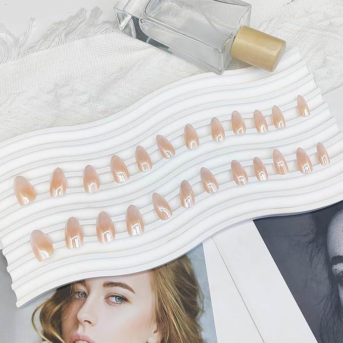 Chrome Fake Nails Almond Medium Press on Nails with Mirror Designs Glossy Ombre Nude False Nails Stick on Acrylic Nails for Women