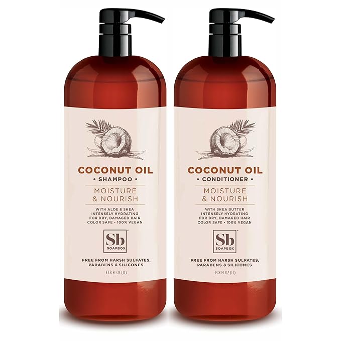 Soapbox Shampoo and Conditioner Set with Coconut Oil, Jojoba Oil, Aloe and Shea Butter to Moisturize and Nourish for All Hair Types, 1 Liter Each (Pack of 2)-VivaGrace Women