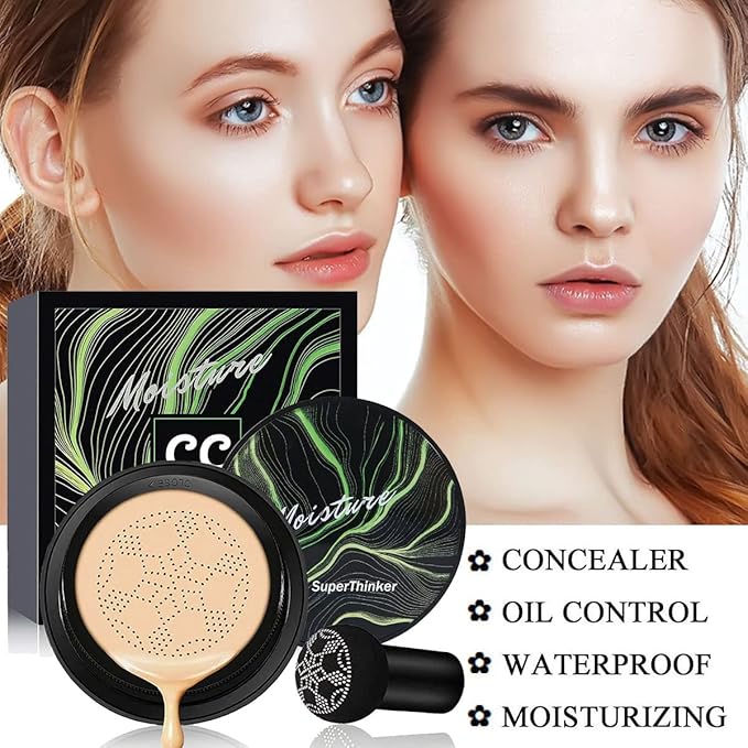 Air Cushion CC Cream Mushroom Head Cushion Foundation, BB Cream Face Makeup for Mature Skin Moisturizing Concealer Brighten Long-Lasting, Even Skin Tone for All Skin Types (Nude)-VivaGrace Women
