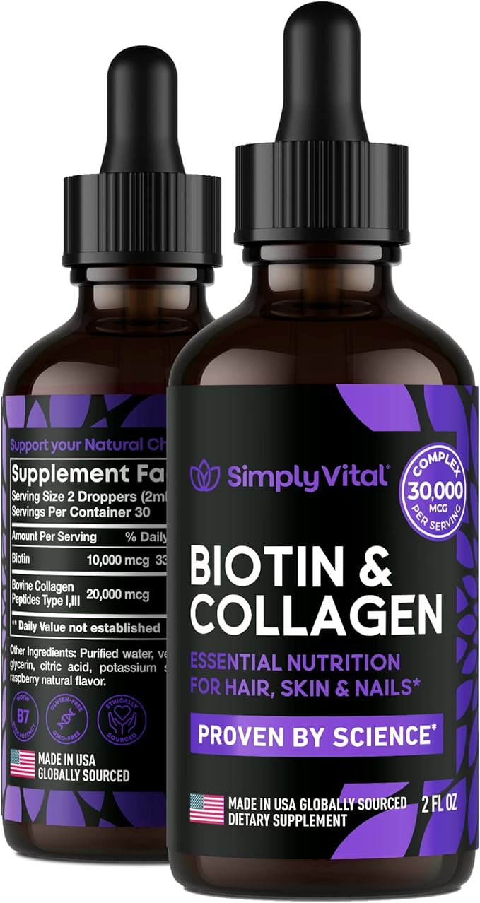 SimplyVital Liquid Biotin & Collagen - Hair, Skin & Nails Vitamins with Biotin 10000mcg & Collagen Peptides - Made in USA - Liquid Collagen for Healthy Skin & Hair Growth Support - 2 fl oz-VivaGrace Women
