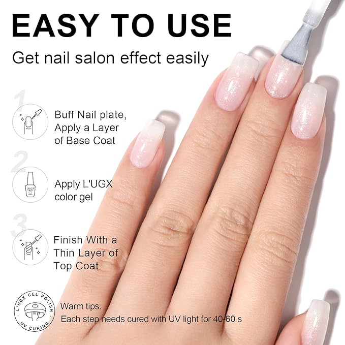 L'UGX Milky White Glitter Gel Nail Polish 15ML Neutral Sparkle Sheer Gel Polish U V Jelly Translucent Natural French Gel Nail Color for DIY Manicure at Home Salon Holiday Gifts for Women