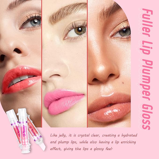Lip Plumper Gloss 3 Colors Set,Natural Lip Plumping Oil and Lip Care Serum Enhancer for Fuller Booster Balm Moisturizing Hydrating&Reduce Fine Lines Nourishing Non-sticky Lips Mask Makeup-VivaGrace Women