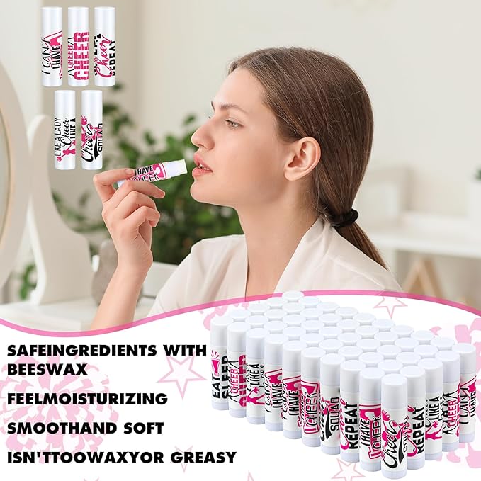 50 Sets Cheer Gifts Bulk 50 Cheer Lip Balm Bulk Moisturizing with 50 Organza Drawstring Gift Bags 50 tags Cheerleader Gifts Cheer Gifts Bulk for Team (Pink)-VivaGrace Women