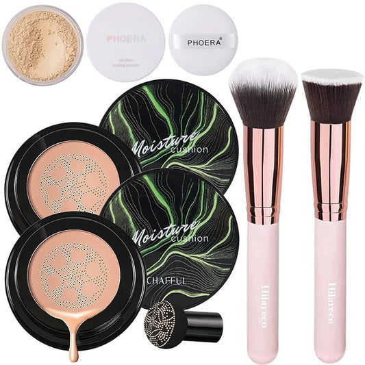 Mushroom Head Air Cushion CC Cream Natural Foundation,Phoera Powder, Bright Makeup Base Long Lasting with Makeup Sponge and Flat Top Kabuki Foundation Brush (#05 Sand)-VivaGrace Women