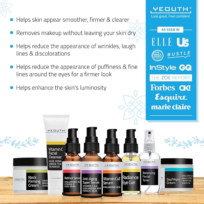 YEOUTH Skin Care Set: Retinol Serum with Hyaluronic Acid, Vitamin C & Super Face Serum, Cleanser, Toner, Eye Gel, Neck Cream, Face Cream 8-Piece Skincare Kit For Women-VivaGrace Women